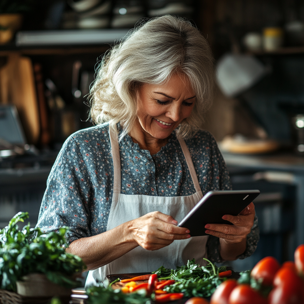 Щаслива жінка готує здорову їжу на кухні з планшетом dalkropine