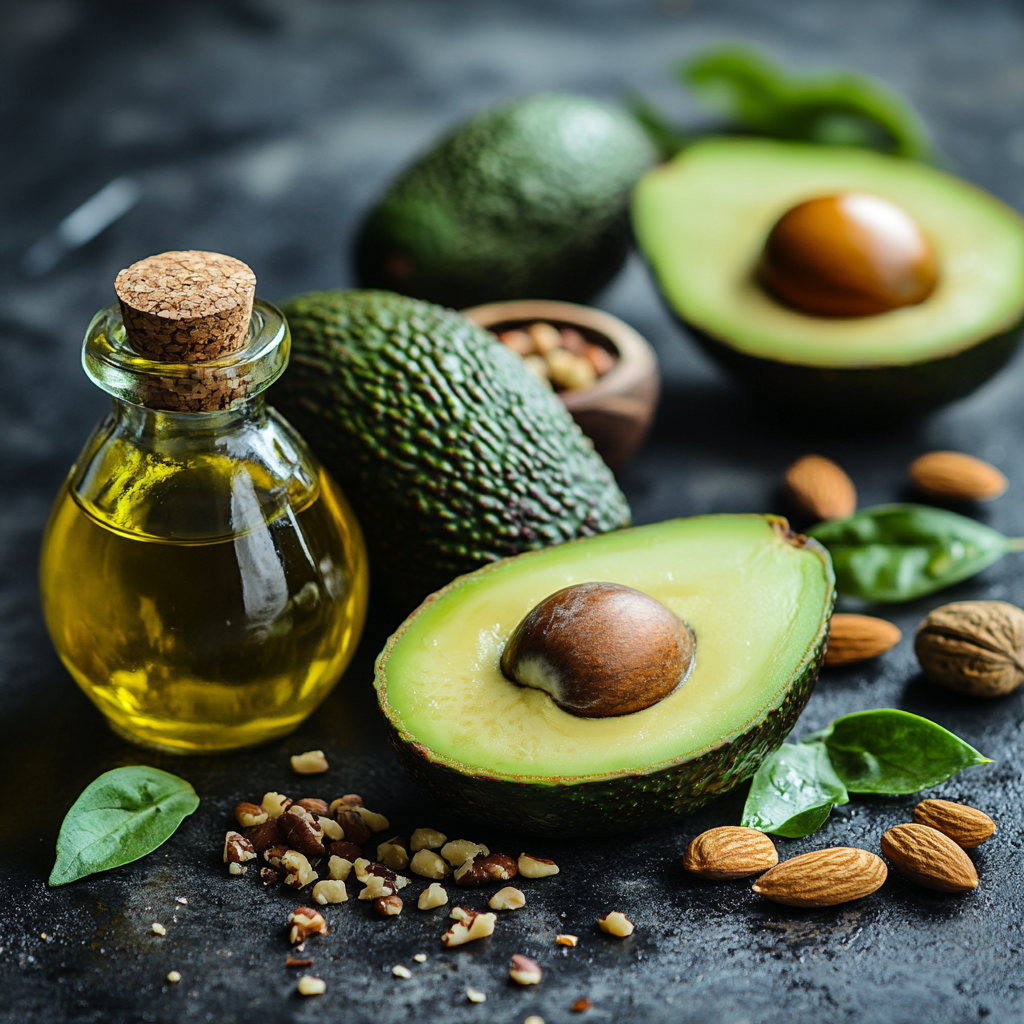 Кетогенна дієта - авокадо, горіхи та олії на столі